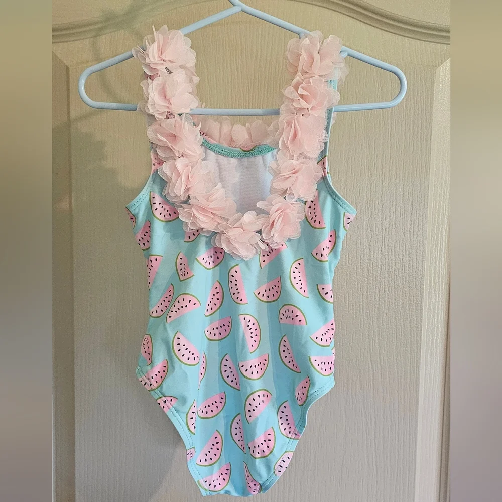 Real Love 2T One Piece Bathing Suit With Watermelon & Floral Lei Like Trim Pink